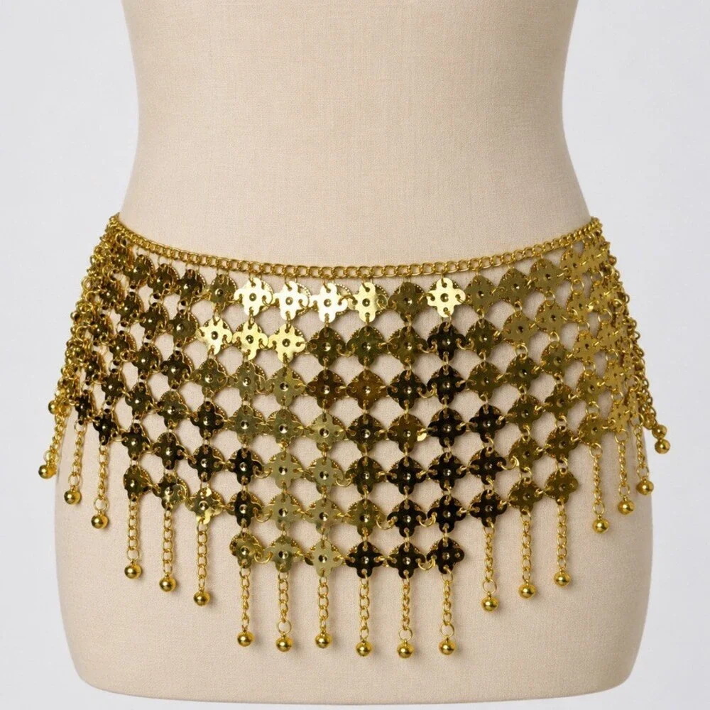 intage Y2K Indian Coin Fringe Belly Dance Belt Gold Tone Chainmail Festival
